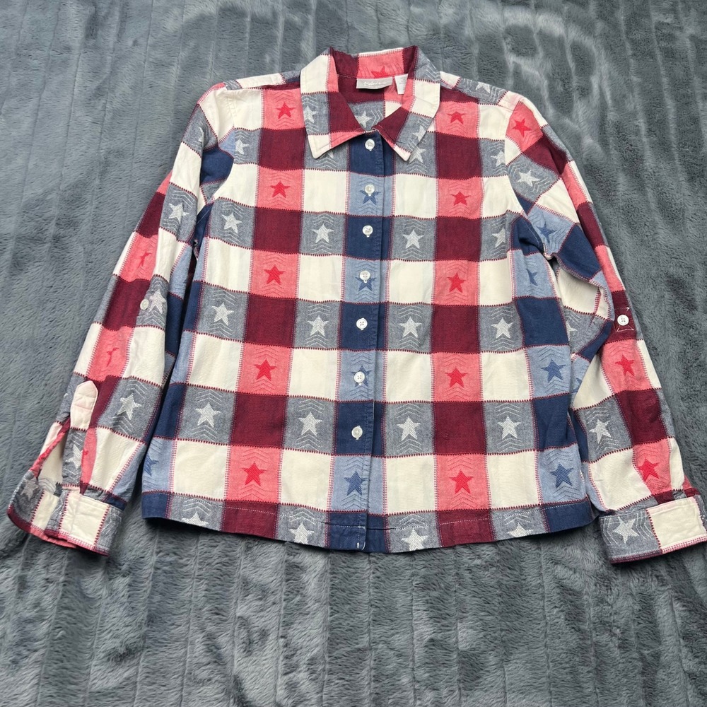 Blair Womens Red White Blue Star Checkered Cotton Button Down Shirt Large